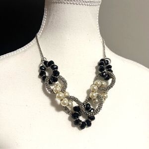 NY Faux Pearl Black Faceted Rhinestone Silver Tone Link Statement Necklace 18"